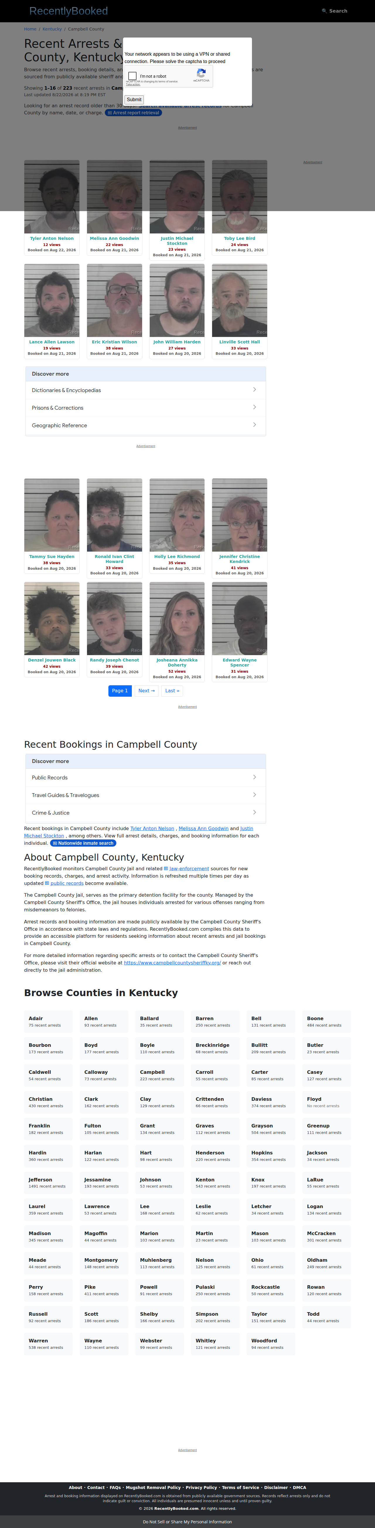 Unofficial Campbell County booking record index requiring official verification